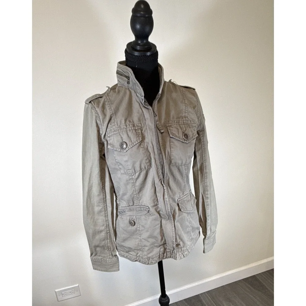 Vintage ABERCROMBIE & Fitch Women's Beige Military Jacket Button Front Pockets